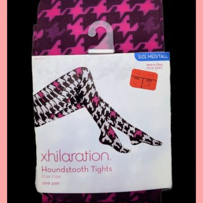 RARE! XHILARATION HOUNDSTOOTH Pattern TIGHTS Pink Purple LOW RISE Size Med/Tall